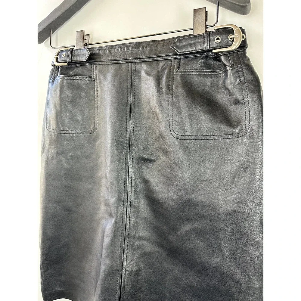 Saguaro Genuine Soft Leather Double Slit Buckle Skirt Black Women's Size 14 - Picture 3 of 16